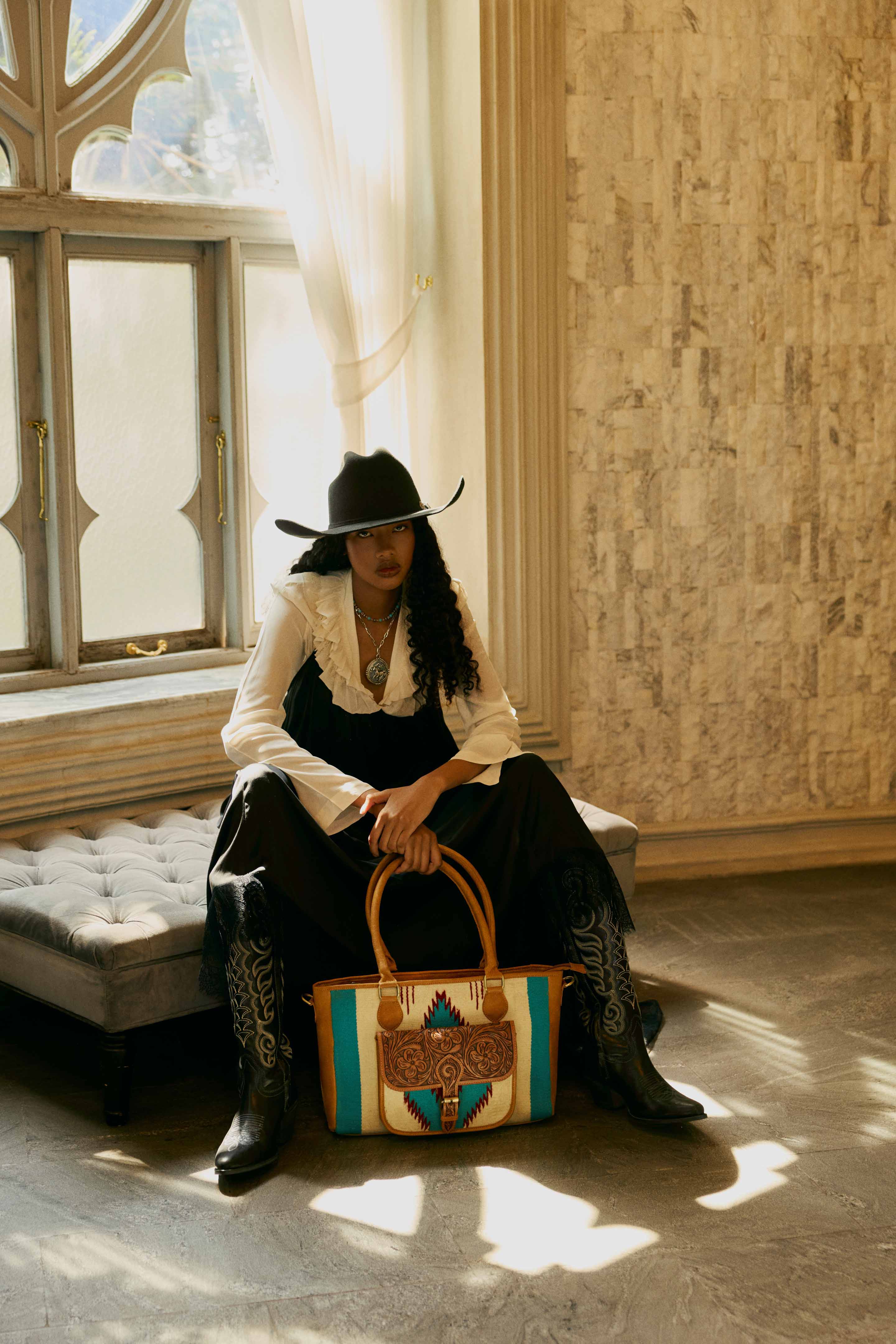 Myra Prairie Aztec Hairon Leather Bag with Front Pocket in Canyon Teal