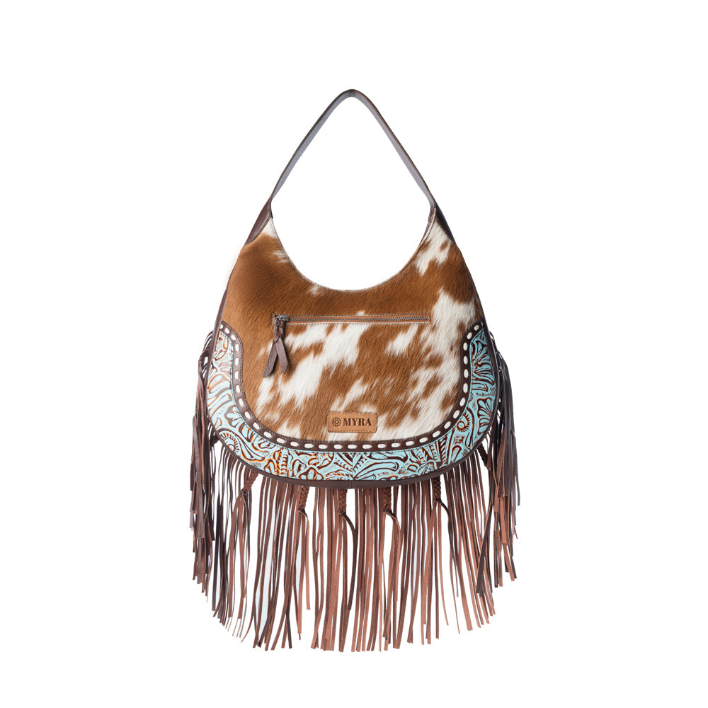 Myra Lasso Lane Hairon Leather Bag for Women in tan with fringe and embossed detail