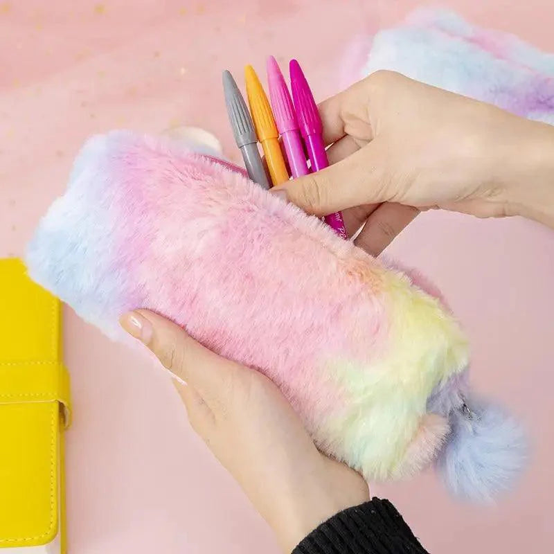 Cute Candy Color Creative Plush Students Pencil Case Soft Stationery Large Capacity Pouch For Girls