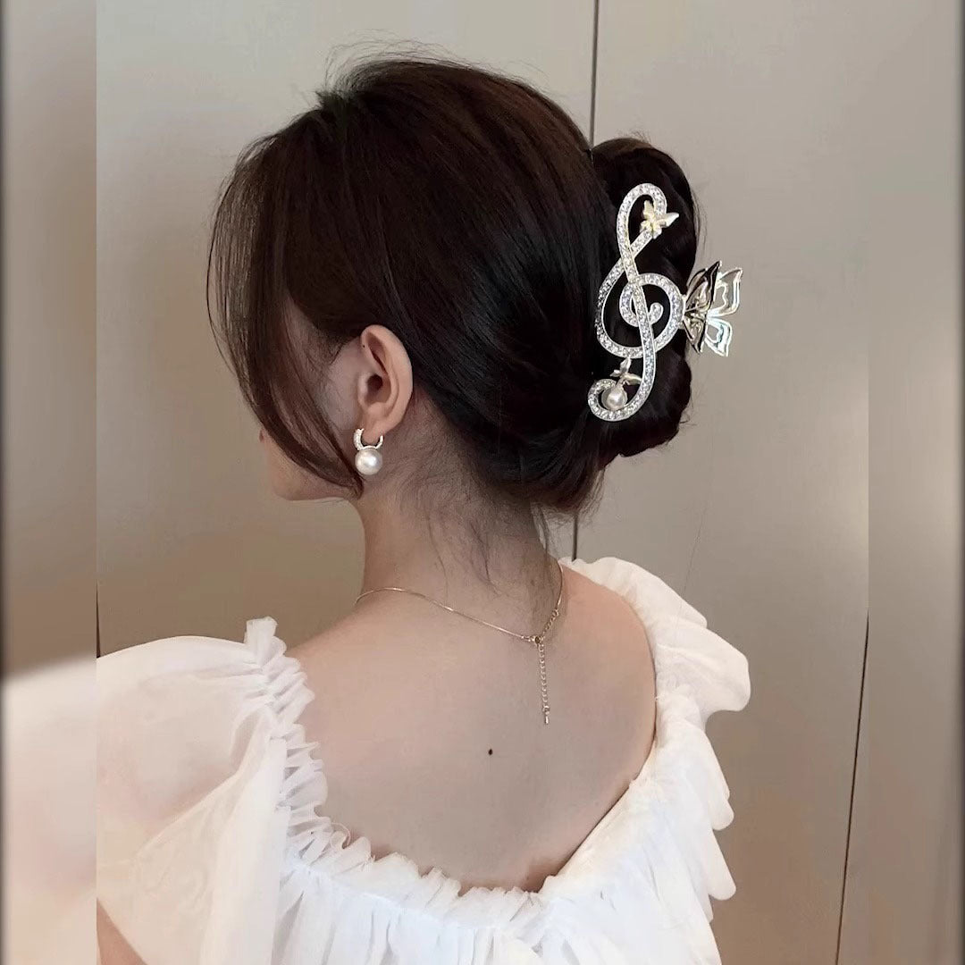 Treble Clef Hair Clip Sparkling Rhinestone Metal Gold Tone Butterfly Barrette for Music Lovers Formal Concert Wear