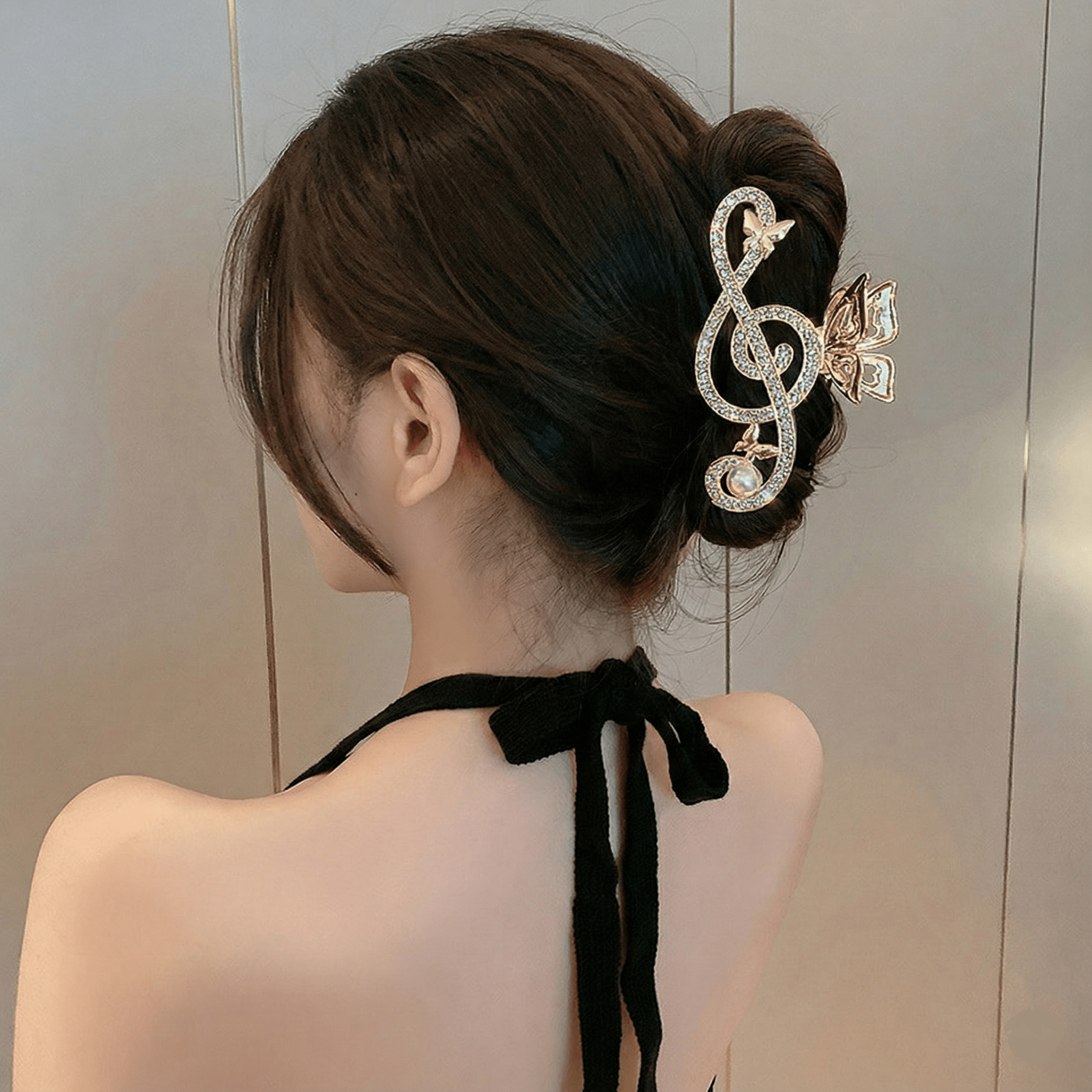 Treble Clef Hair Clip Sparkling Rhinestone Metal Gold Tone Butterfly Barrette for Music Lovers Formal Concert Wear