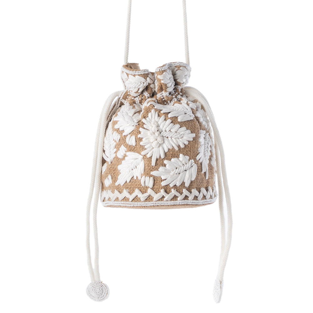 Myra Honey Vine Western Bucket Bag for Women in Jute with embroidered detail