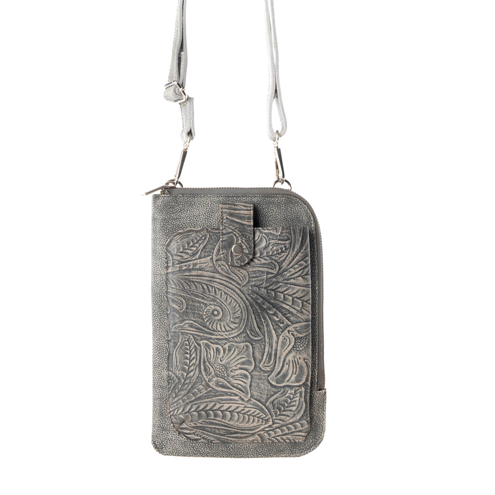 Myra Coyote Bloom Embossed mini sling for Women in sage with floral detail