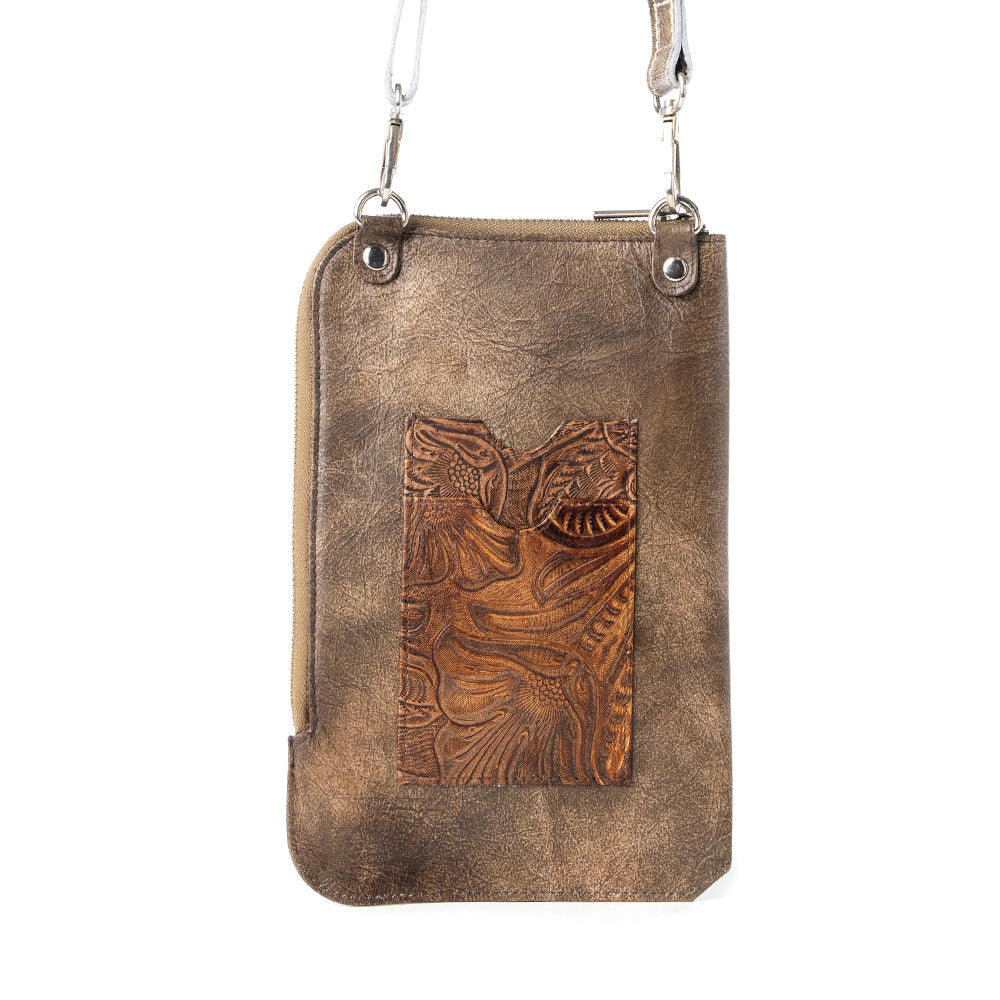 Myra Coyote Bloom Embossed mini sling for Women in walnut with floral detail