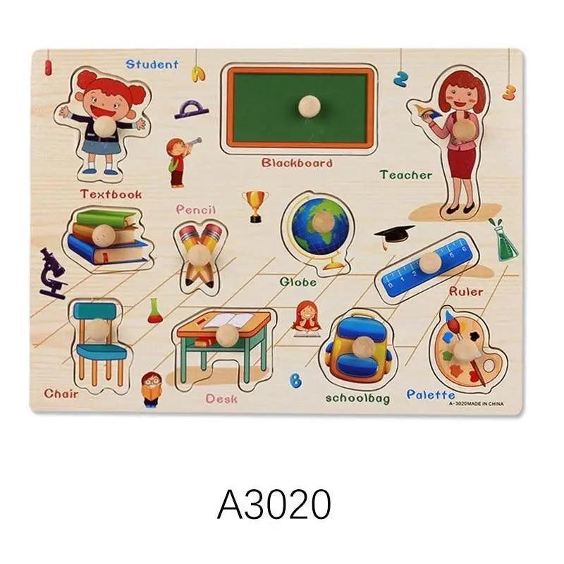 Montessori Wooden Puzzles Hand Grab Boards Toys Tangram Baby Educational Toys Cartoon Vehicle Animals Fruits 3D Puzzles