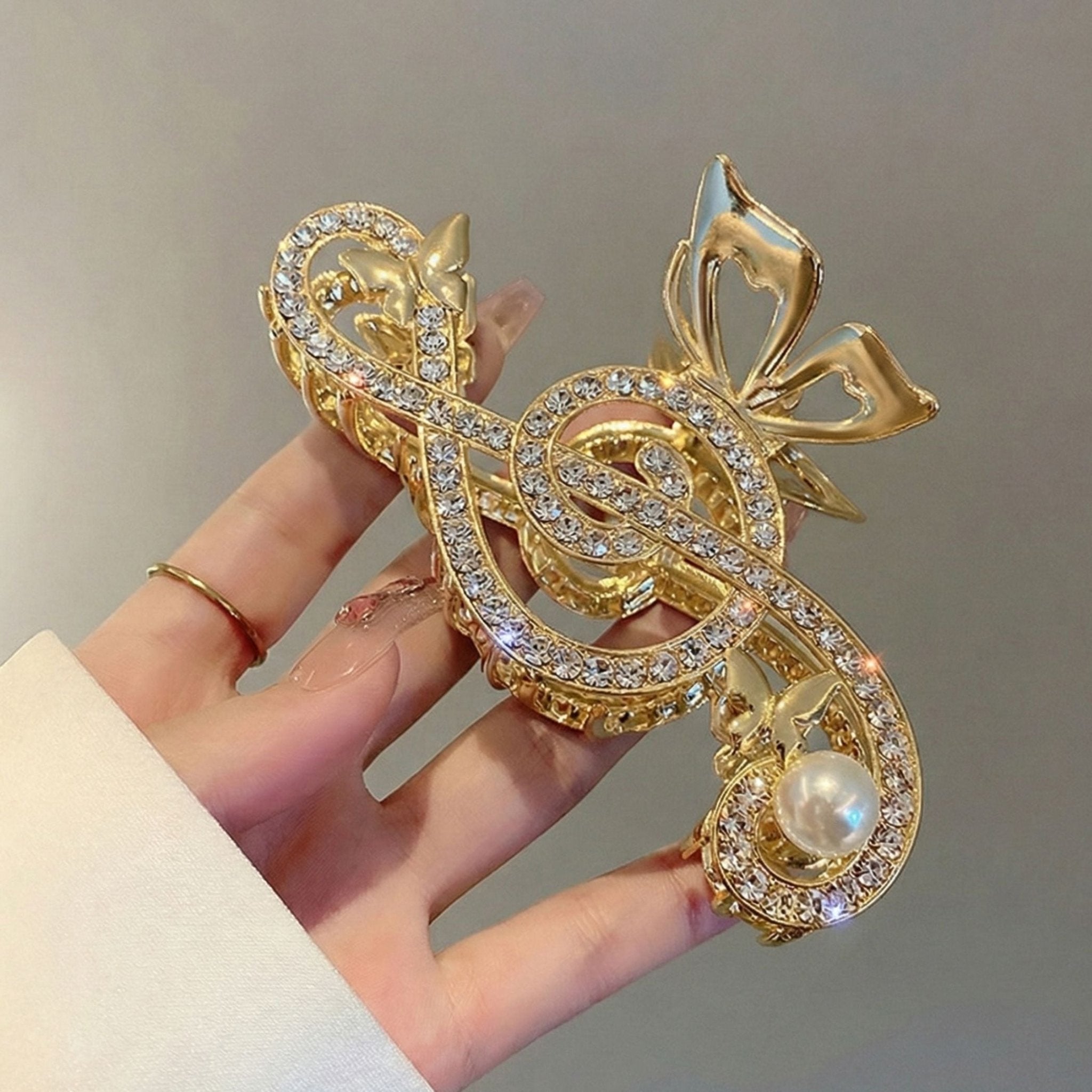 Treble Clef Hair Clip Sparkling Rhinestone Metal Gold Tone Butterfly Barrette for Music Lovers Formal Concert Wear