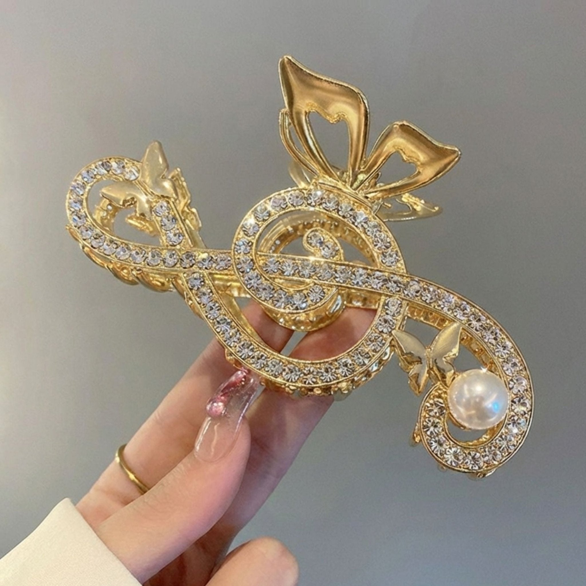 Treble Clef Hair Clip Sparkling Rhinestone Metal Gold Tone Butterfly Barrette for Music Lovers Formal Concert Wear