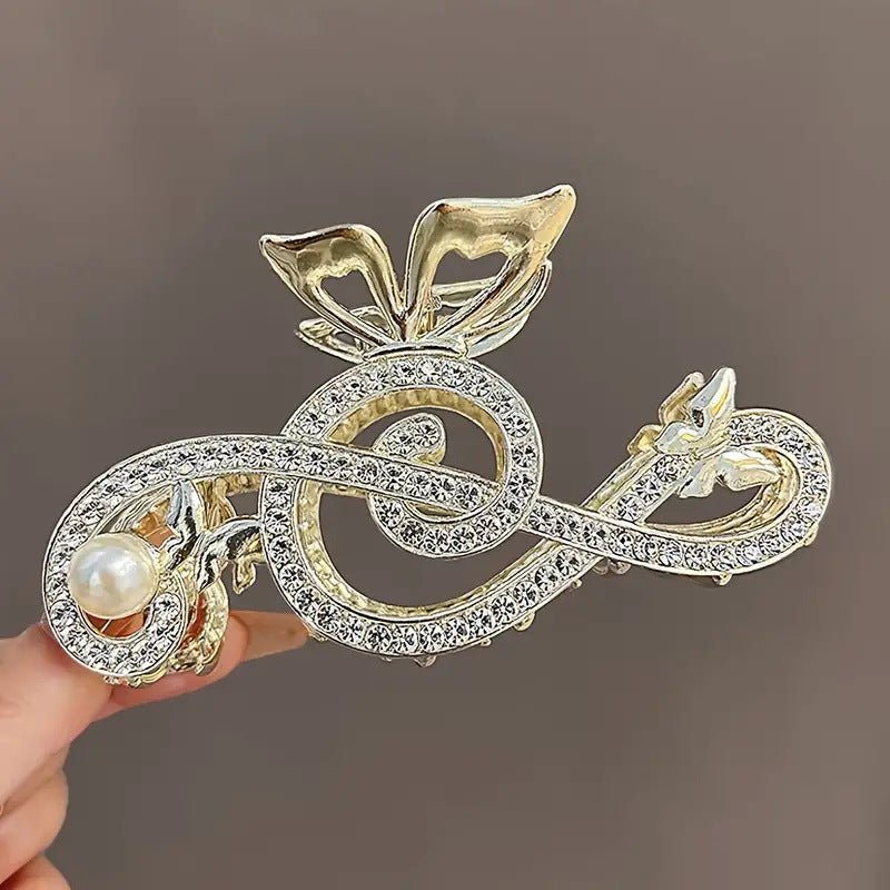 Treble Clef Hair Clip Sparkling Rhinestone Metal Gold Tone Butterfly Barrette for Music Lovers Formal Concert Wear