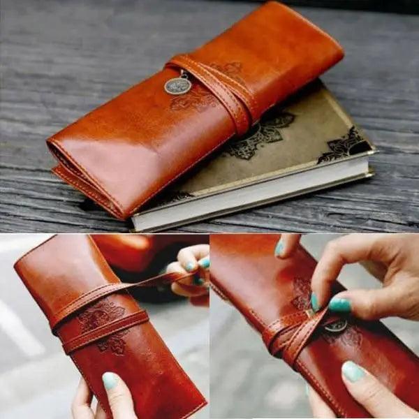 Vintage PU Leather Roll Up Pencil Case Classic Brown Foldable Pouch For Paint Brush School Accessories College And Art Work